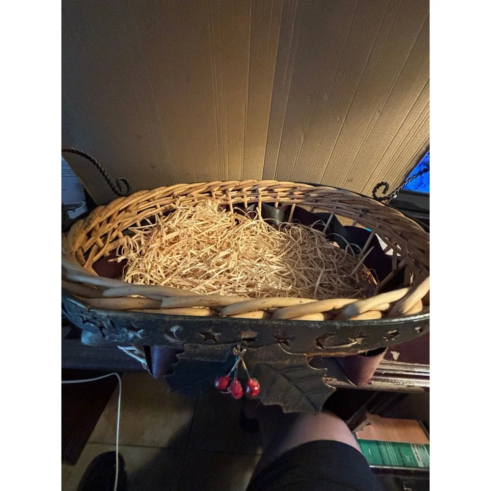 Vintage Large, Older - WICKER BASKET w Metal - Holly Leaf & Berries Christmas